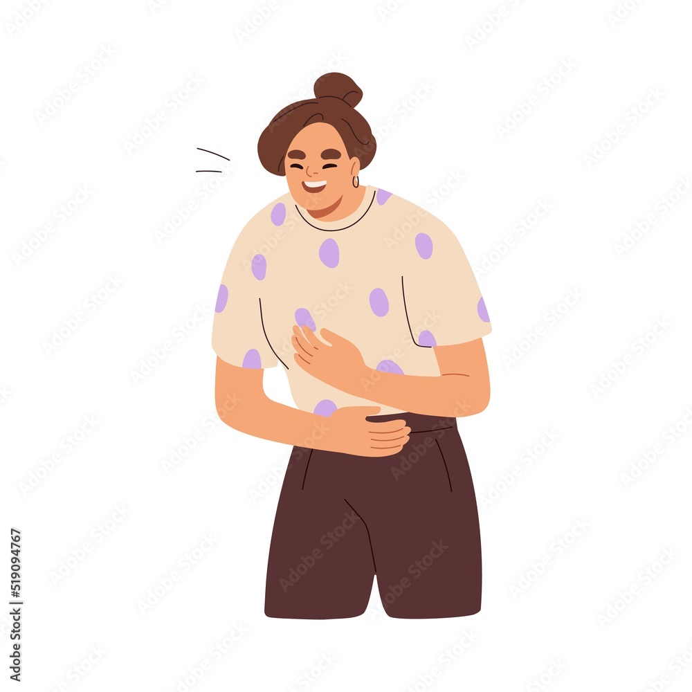 Loud laughter, emotional belly laugh of happy merry expressive woman. Girl holding stomach with hands from funs, joy, jokes. Funny joyful person. Flat vector illustration isolated on white background Loud laughter, emotional belly laugh of happy merry expressive woman. Girl holding stomach with hands from funs, joy, jokes. Funny joyful person. Flat vector illustration isolated on white background