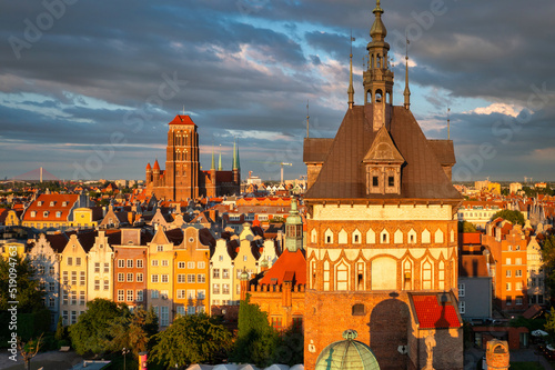 Beautiful architecture of the Main Town of Gdansk in the rays of the setting sun. Poland