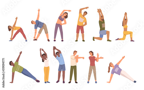 Parents and kids doing exercises, working out and leading active lifestyle. Physical education and healthy habits for children. Flat cartoon, vector in flat style