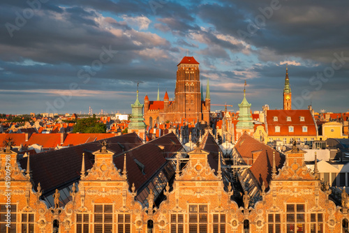 Beautiful architecture of the Main Town of Gdansk in the rays of the setting sun. Poland