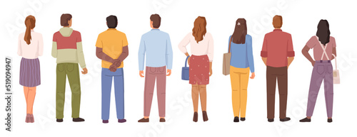 Man and woman view from back isolated cartoon characters set on white. Young human person diversity, standing people, businessmen and workers, students and employers