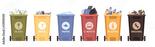Sorting and separating garbage, containers for glass, metal and paper, electronic waste and plastic, organic food leftovers. Flat cartoon, vector in flat style