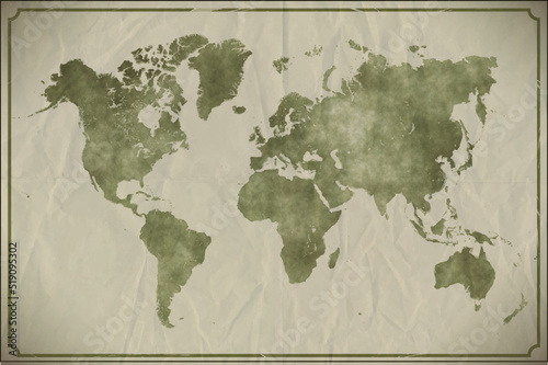 Watercolour world map on aged  crumpled paper background. EPS10 vector format
