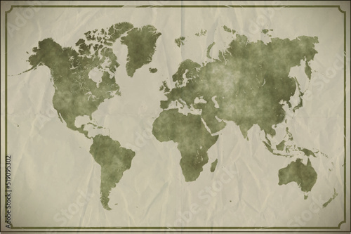 Watercolour world map on aged, crumpled paper background. EPS10 vector format