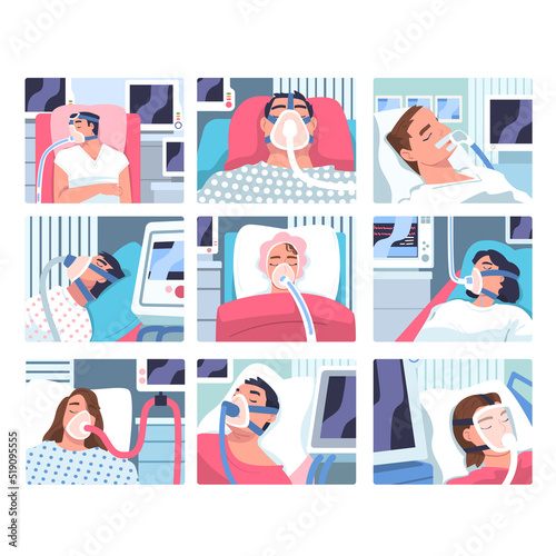 Patients in Hospital Having Artificial Lung Ventilation Being in Critical Condition Lying on Bed with Mask Vector Set