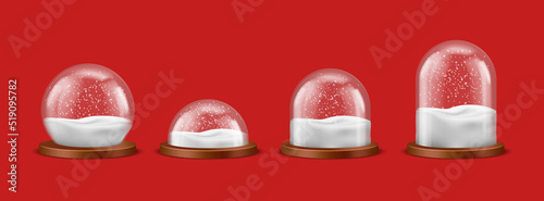 Snow ball, realistic Christmas snow globes set on red background. 3D blank shiny souvenir with white snowflakes. Glass sphere, decorative round Xmas toy, transparent glass dome