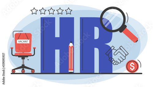 HR or human resources acronym word vector isolated. Concept of recruitment organization, employee searching. Colorful banner.