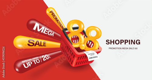 8.8 yellow text 3D placed in red basket and there's wind batons also known as Thunder sticks next to them and there's 20% off mage sale promotion text,vector for promotion eighth day of eighth month