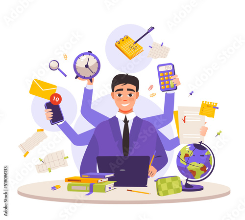 A multitasking business man at a laptop, busy working in the office. A busy man who has a lot of hands to do multiple tasks at the same time. Freelance worker. Flat vector illustration
