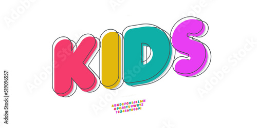 Vector kids font 3d bold doodle style modern typography for poster, decoration, promotion, book, t shirt, sale banner, printing on fabric. Cool alphabet. Trendy typeface. 10 eps