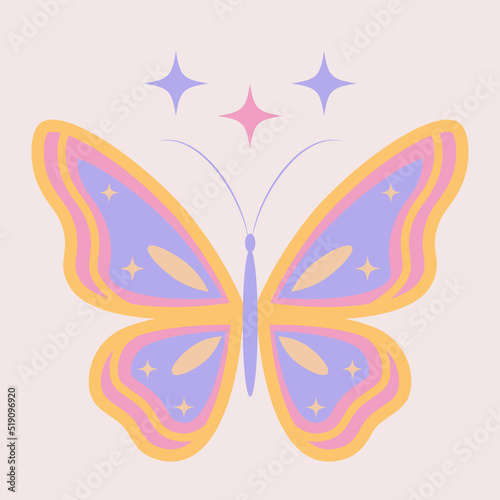 Groovy butterfly print for graphic tee. Retro 70s 60s hippie vector illustration on a beige background