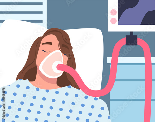 Young Woman Patient in Hospital Lying on Bed with Mask Having Artificial Lung Ventilation Being in Critical Condition Vector Illustration