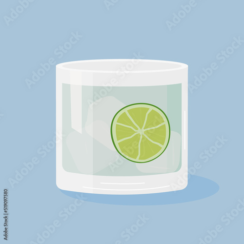 Gin Tonic Cocktail on the rocks garnished with slice of lime. Classic summer aperitif with lemon wheel. Alcoholic beverage in glass with ice isolated on background. Vector flat style illustration.