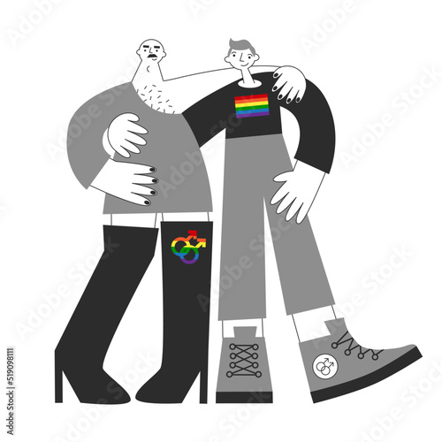 Gay couple with rainbow flag, lgbtq symbols. Homosexual queer men visibility, awareness, equality, pride and rights. Same-sex love and marriage legalization concept isolated vector flat illustration.