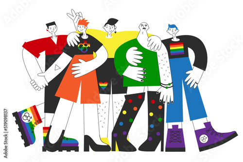 Group of gay people with rainbow flag, lgbt symbols. Homosexual queer men visibility, awareness, equality, pride and rights. Same-sex love and marriage concept isolated vector illustration.