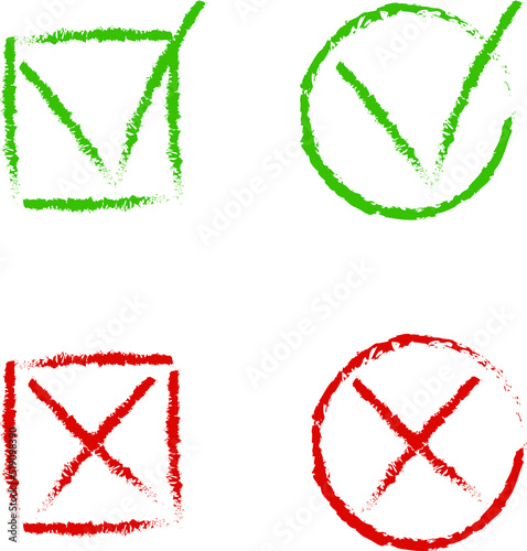 Big set of tick and cross signs. Check mark OK and NO icon of different design on white background. Sign ok and confirm, tick check mark confirm illustration.