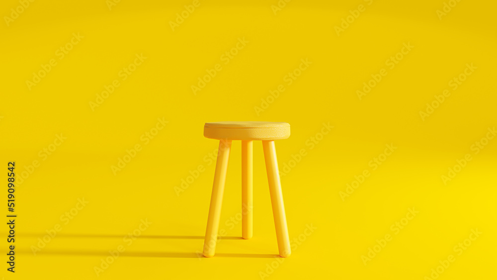 Yellow three legged chair on yellow background light from the side. Minimal idea concept, 3D Render. - obrazy, fototapety, plakaty 