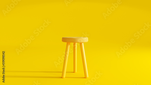 Yellow three legged chair on yellow background light from the side. Minimal idea concept, 3D Render. photo