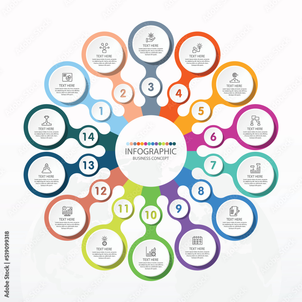 Basic circle infographic template with 14 steps, process or options ...