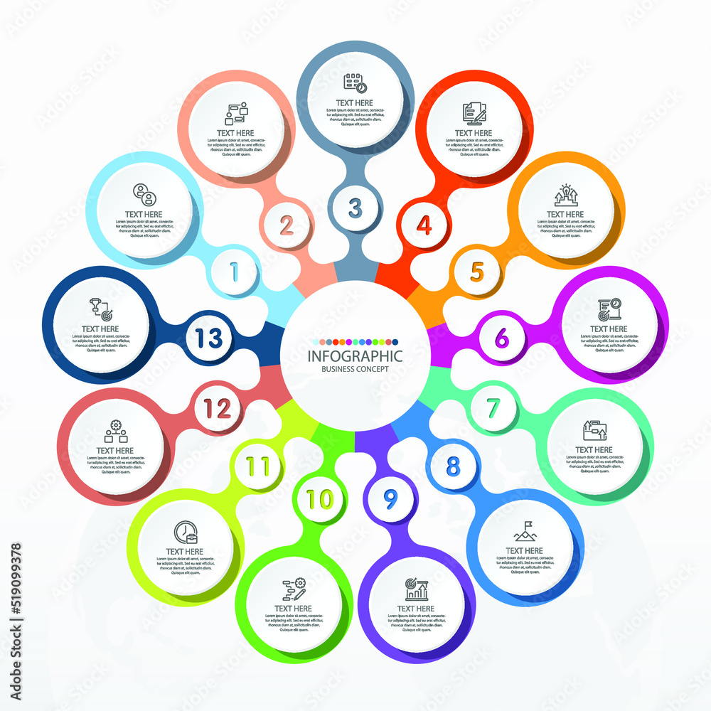 Basic circle infographic template with 13 steps, process or options, process chart, Used for process diagram, presentations, workflow layout, flow chart, infograph. Vector eps10 illustration. Basic circle infographic template with 13 steps, process or options, process chart, Used for process diagram, presentations, workflow layout, flow chart, infograph. Vector eps10 illustration.