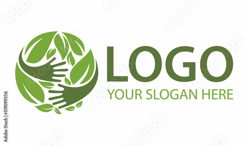 Green Color Leaf Eco Nature with Abstract Hand Care and Love Logo Designs