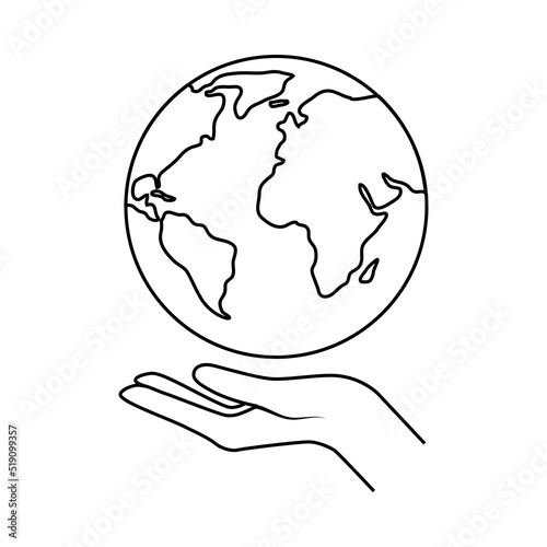 Peace with Human Hand and Earth Globe as Symbol of Friendship and Harmony Outline Vector Illustration