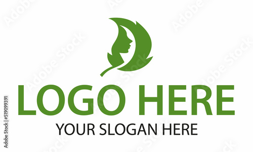 Green Color Abstract Negative Space Female face Eco Leaf Nature Logo Design