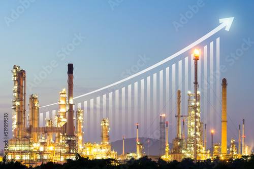 Oil gas refinery or petrochemical plant. Include arrow, graph or bar chart. Increase trend or growth of production, market price, demand, supply. Concept of business, industry, fuel, power energy.