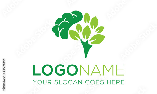 Green Color Brain Leaf Eco Nature Logo Design