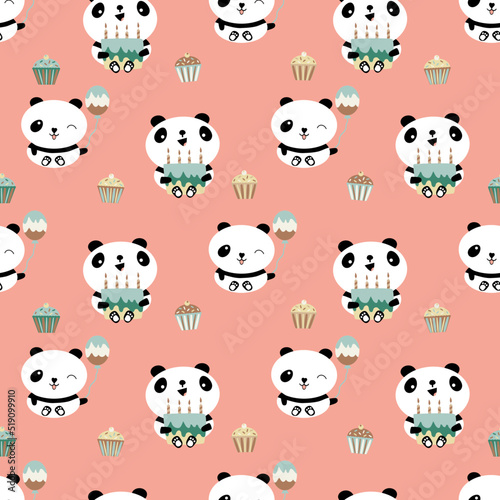Kawaii panda Happy Birthday vector seamless pattern background. Cute backdrop with laughing cartoon bears holding cakes, balloons, cupcakes. Pink teal design. For baby and kids birthday celebration