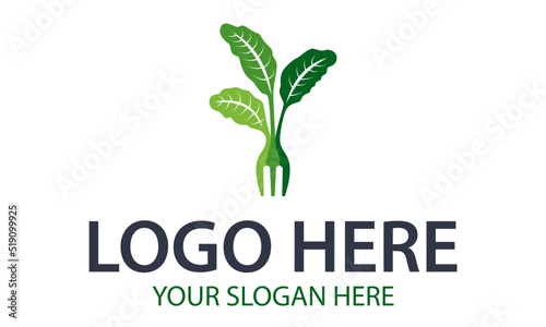 Green Color Abstract Simple Nature Leaf Eco Fork Food Logo Design
