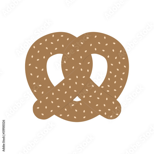 Pretzel with sesame seeds isolated on white background. Delicious bakery product. Flat Oktoberfest vector illustration. Bavarian attribute