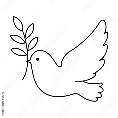 Peace with Flying Pigeon with Olive Branch as Symbol of Friendship and Harmony Outline Vector Illustration