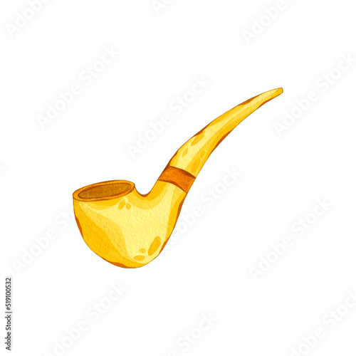 Tobacco pipe hand drawing clip art isolated on white background. Watercolor gold smoking pipe.
