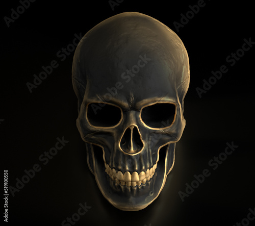 Black skull with gold reflections. Image of death. Black skeleton with gold lines