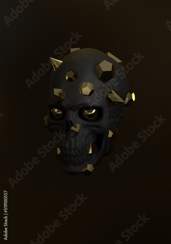 Black skull with geometric elements embedded inside. Dark image with glowing golden geometry. Image for modern banners. 3d render