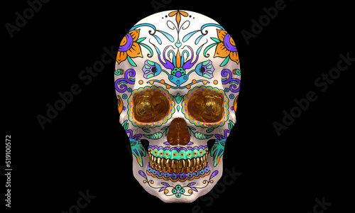 Mexican skull design with colorful ornamentation. Day of the Dead. Skeleton costume with ornamentation. 3d illustration.