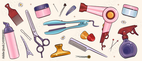 Sketches hairdressing salon objects set. Vector illustration of hairbrush, hairdryer, scissors and hair accessories
