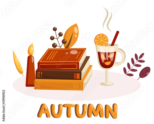 Vector flat illustration of a book and mulled wine. Autumn cozy illustration. Autumn Greeting Card