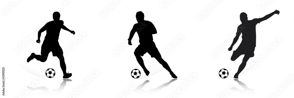 Football Soccer player silhouette with ball. High quality isolated Logo. Sport player shooting on white background. Vector illustration