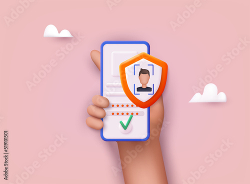 Mobile smart phone with face recognition app. Data protection. 3D Web Vector Illustrations.