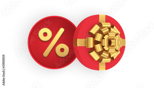 Christmas sale premium circle open red gift box percentage symbol top view realistic 3d icon vector