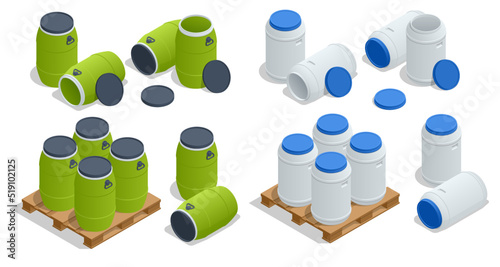 Isometric plastic barrel, container isolated on white background. Plastic storage drums