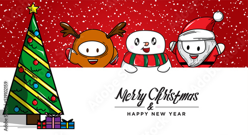 merry christmas and happy new year! Christmas cute animals character with big signboard.