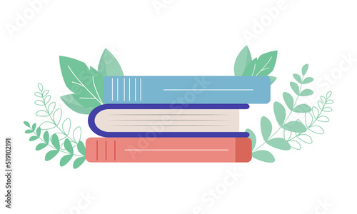 Books and plant branches semi flat color vector object. Home decor. Reading. Full sized item on white. Floral ornament simple cartoon style illustration for web graphic design and animation