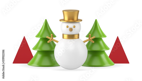 Christmas composition snowman and glossy green spruce festive bauble realistic 3d icon vector