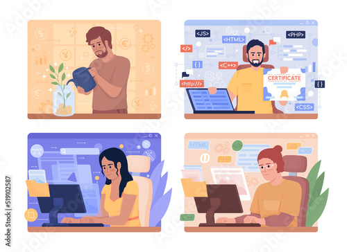 Developer career 2D vector isolated illustration set. Flat characters on cartoon background. Colourful editable scene for mobile, website, presentation collection. Comfortaa, Urbanist fonts used