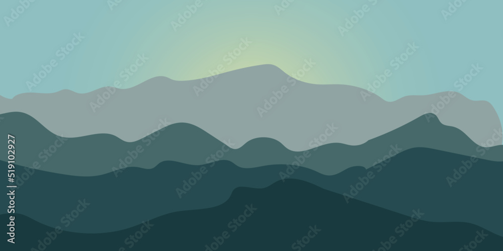 Mountain Vector Art. Sun is behind the mountains. Background for website. Poster, banner. Sunrise