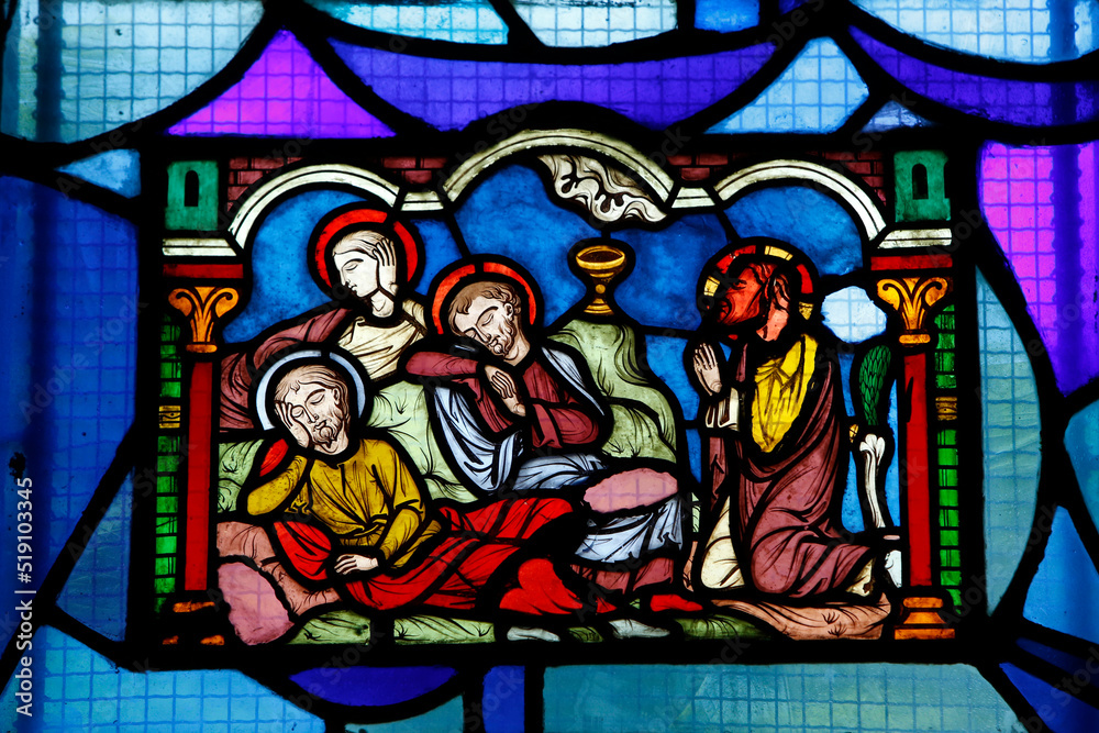 Stained glass in Saint Denys de l'EstrŽe church : Jesus and apostles in Gethsemani (Mount of Olives)