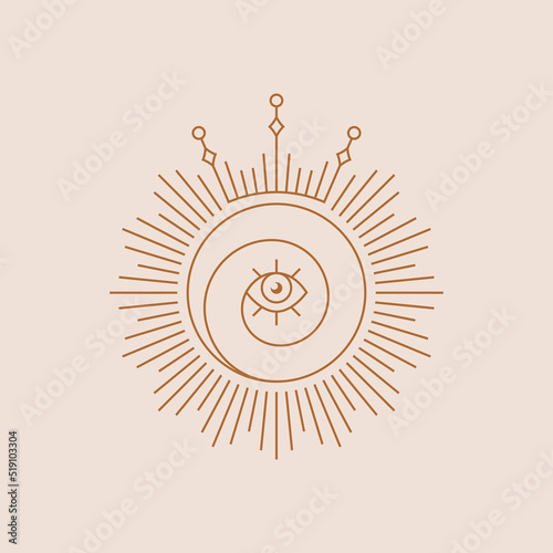 Spiritual boho logo. Sun line symbol with eye and crown. Isolated vector illustration. Design element for magic, esoteric, celestial, astrology, and other themes.